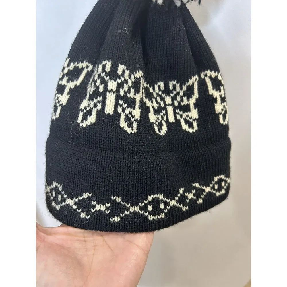 Jada Lee 100%‎ Wool Big Pom Pom Knit Ski Hat Snow Winter Black White